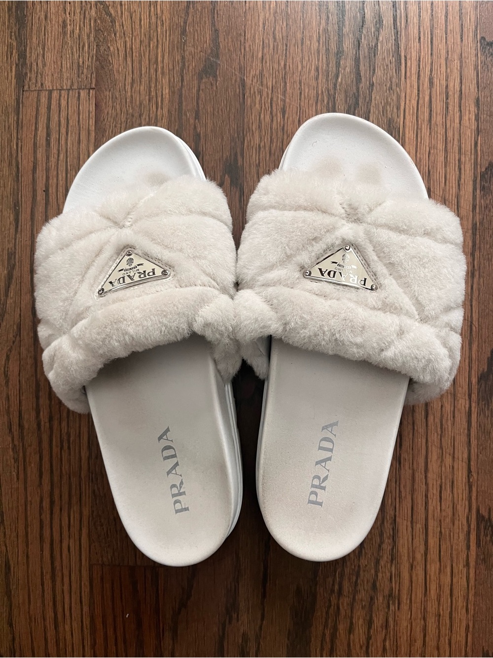 Prada Women's Cream-white Shearling Slide Sandals-381/2